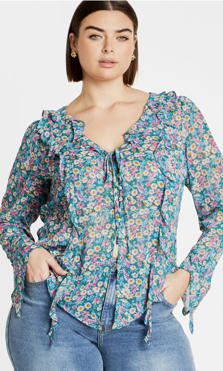 Lidia Ruffle Print Top - teal