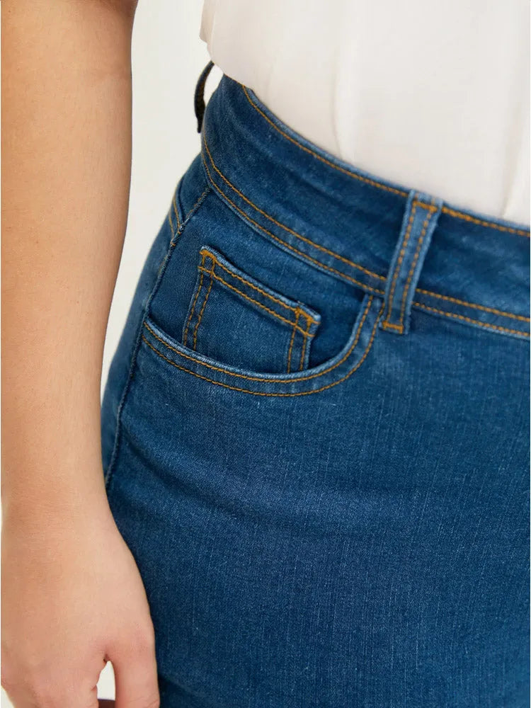 Very Stretchy High Rise Medium Wash Guipure Lace Knee Denim Shorts