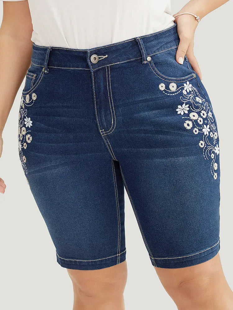 Very Stretchy High Rise Dark Wash Floral Embroidered Denim Shorts