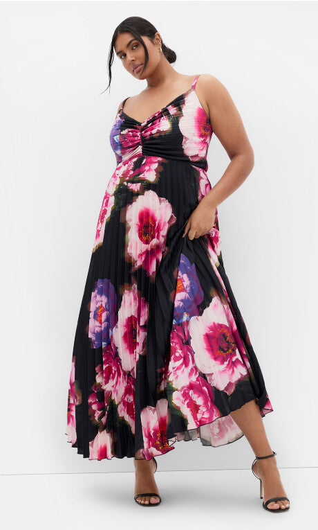 Ariana Pleat Print Maxi Dress - black