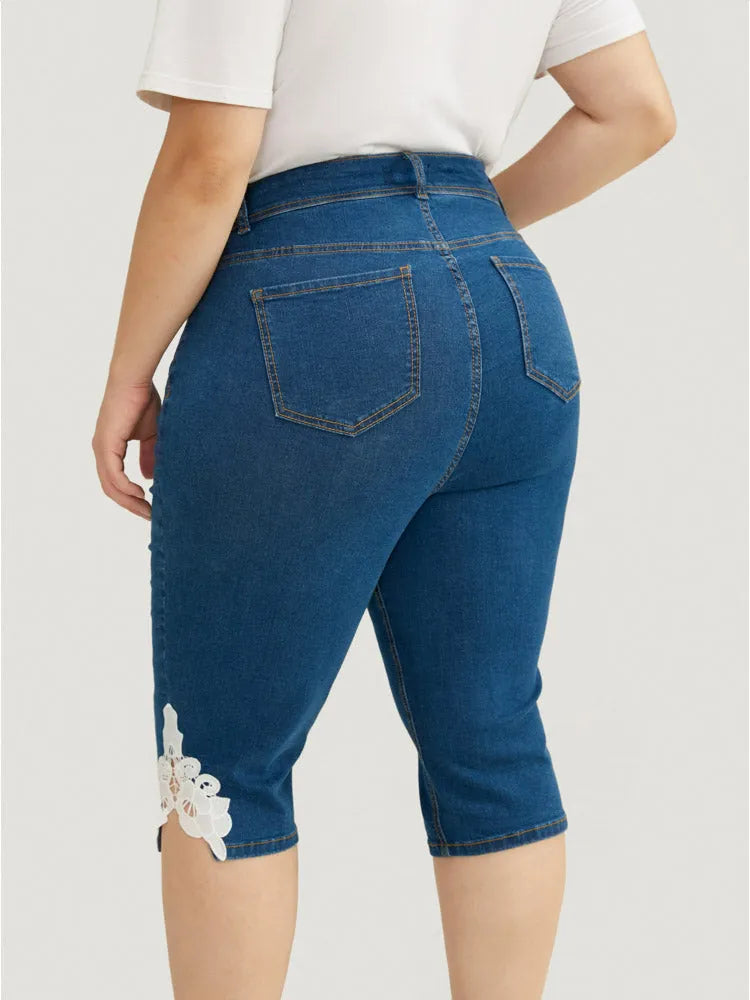 Very Stretchy High Rise Medium Wash Guipure Lace Knee Denim Shorts