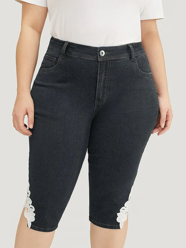 Very Stretchy High Rise Medium Wash Guipure Lace Knee Denim Shorts