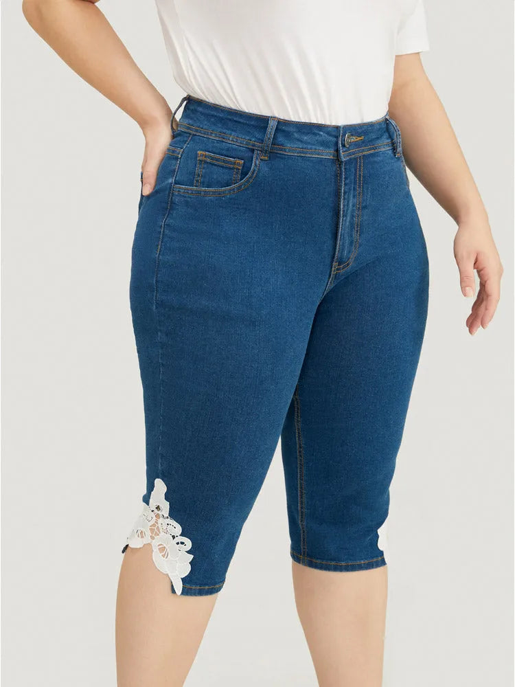 Very Stretchy High Rise Medium Wash Guipure Lace Knee Denim Shorts