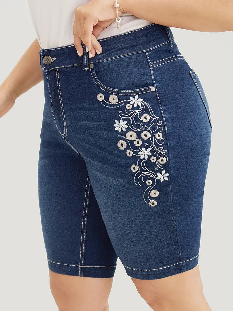 Very Stretchy High Rise Dark Wash Floral Embroidered Denim Shorts
