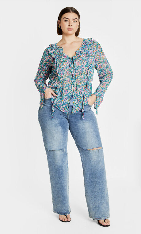 Lidia Ruffle Print Top - teal