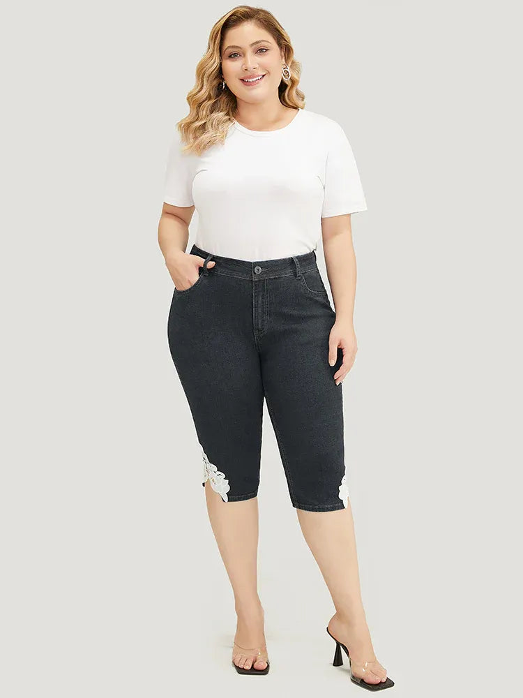 Very Stretchy High Rise Medium Wash Guipure Lace Knee Denim Shorts