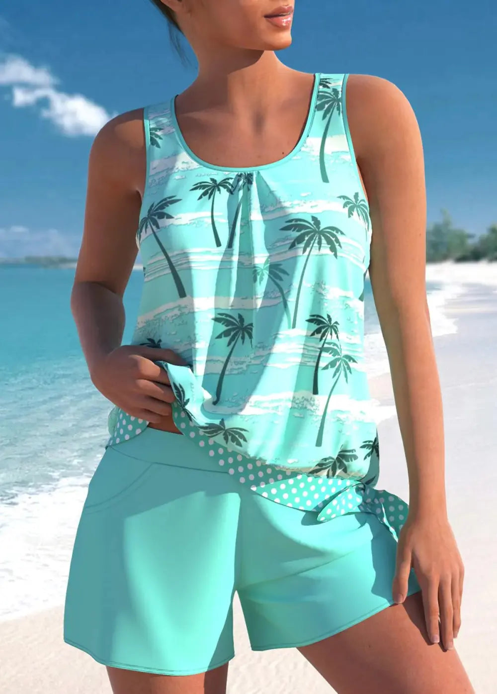 Mid Waisted Plus Size Tie Mint Green Tankini Set
