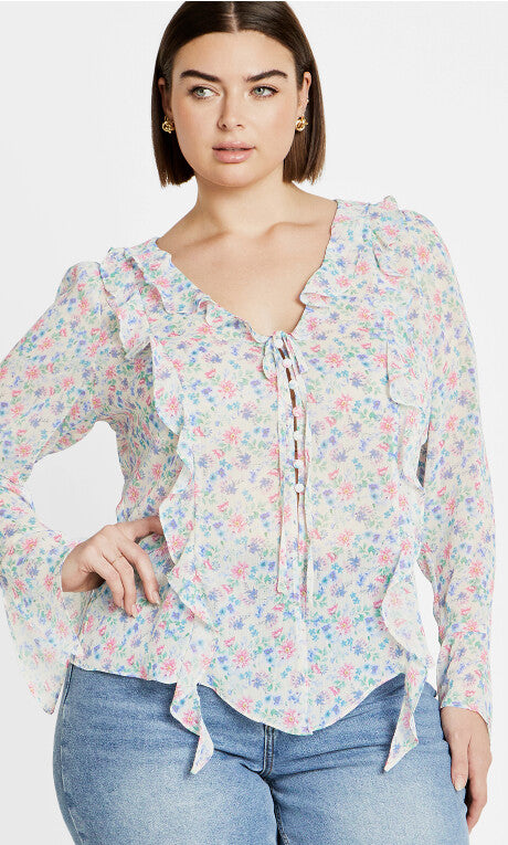 Lidia Ruffle Print Top - teal