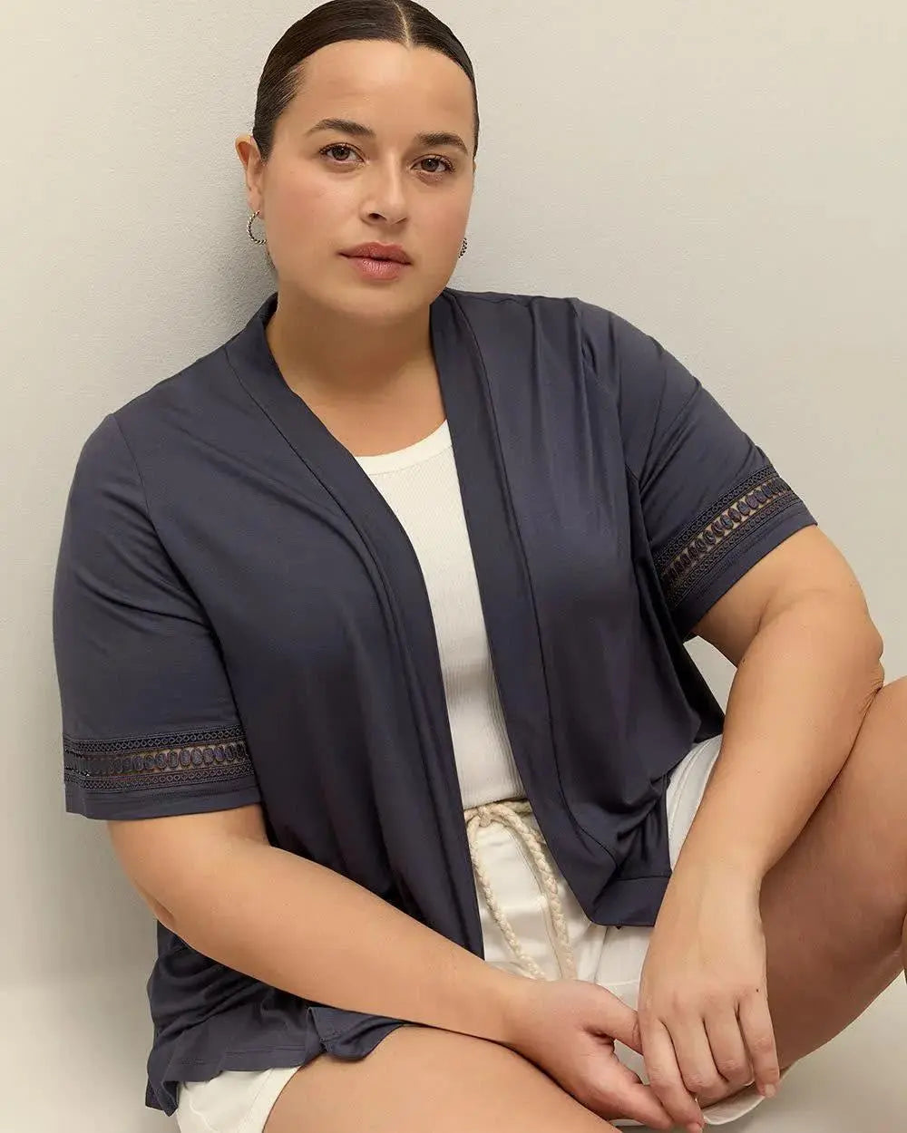 Short-Sleeve Cardigan with Decorative Trim