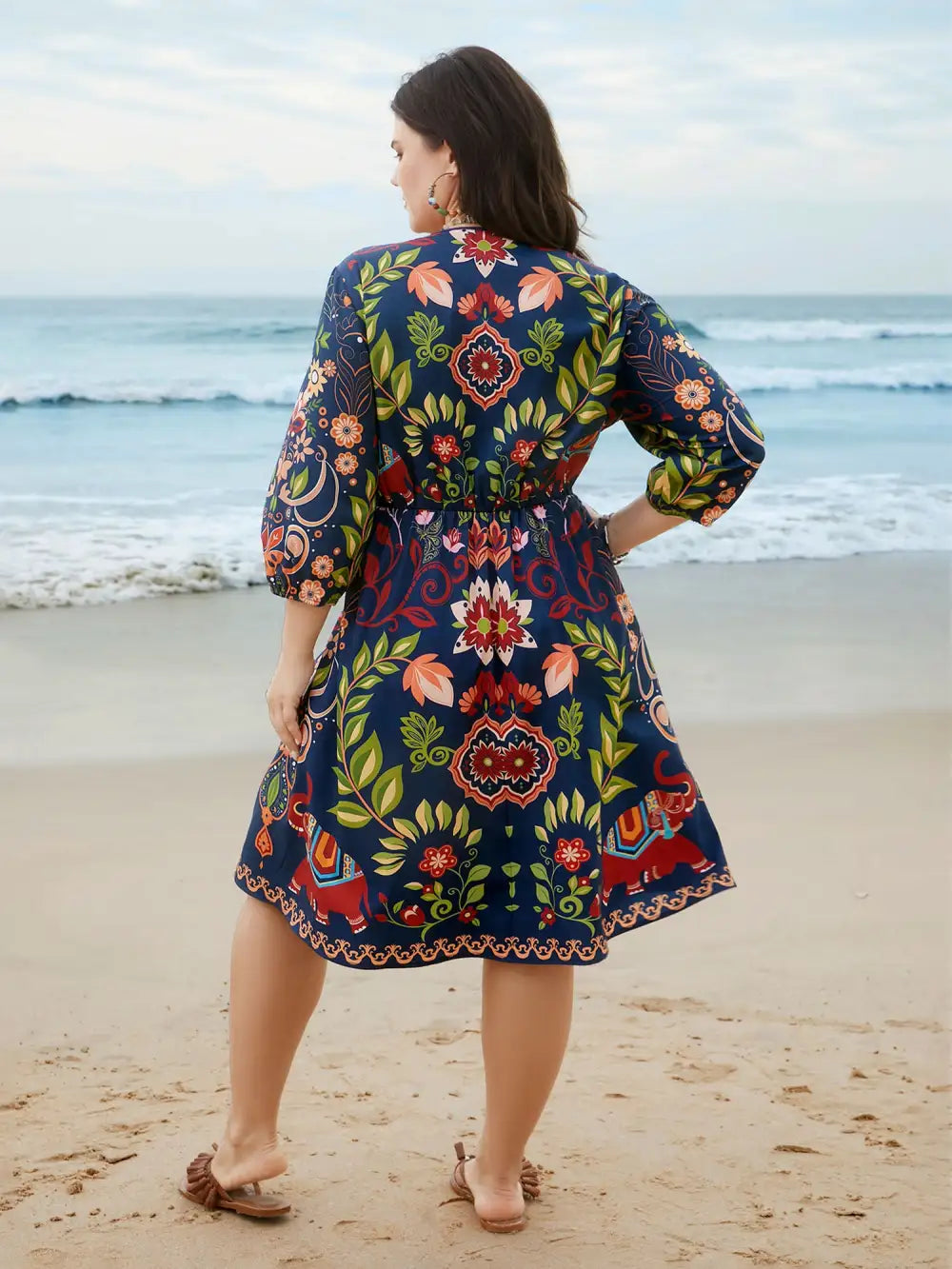 Boho Print V-Neck Pockets Midi Dress