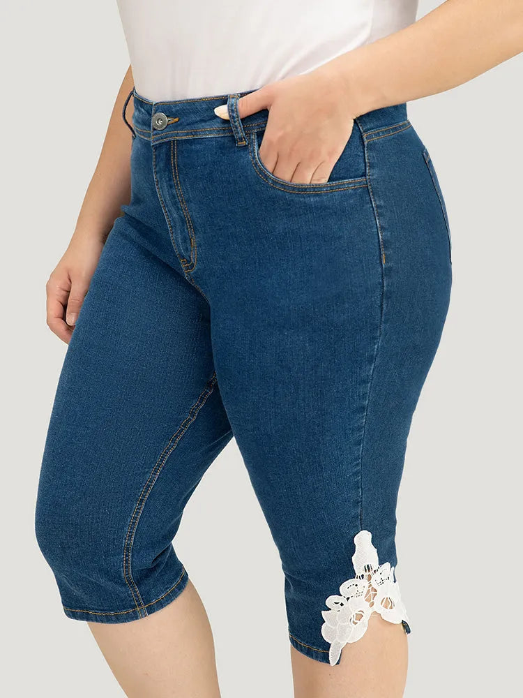 Very Stretchy High Rise Medium Wash Guipure Lace Knee Denim Shorts